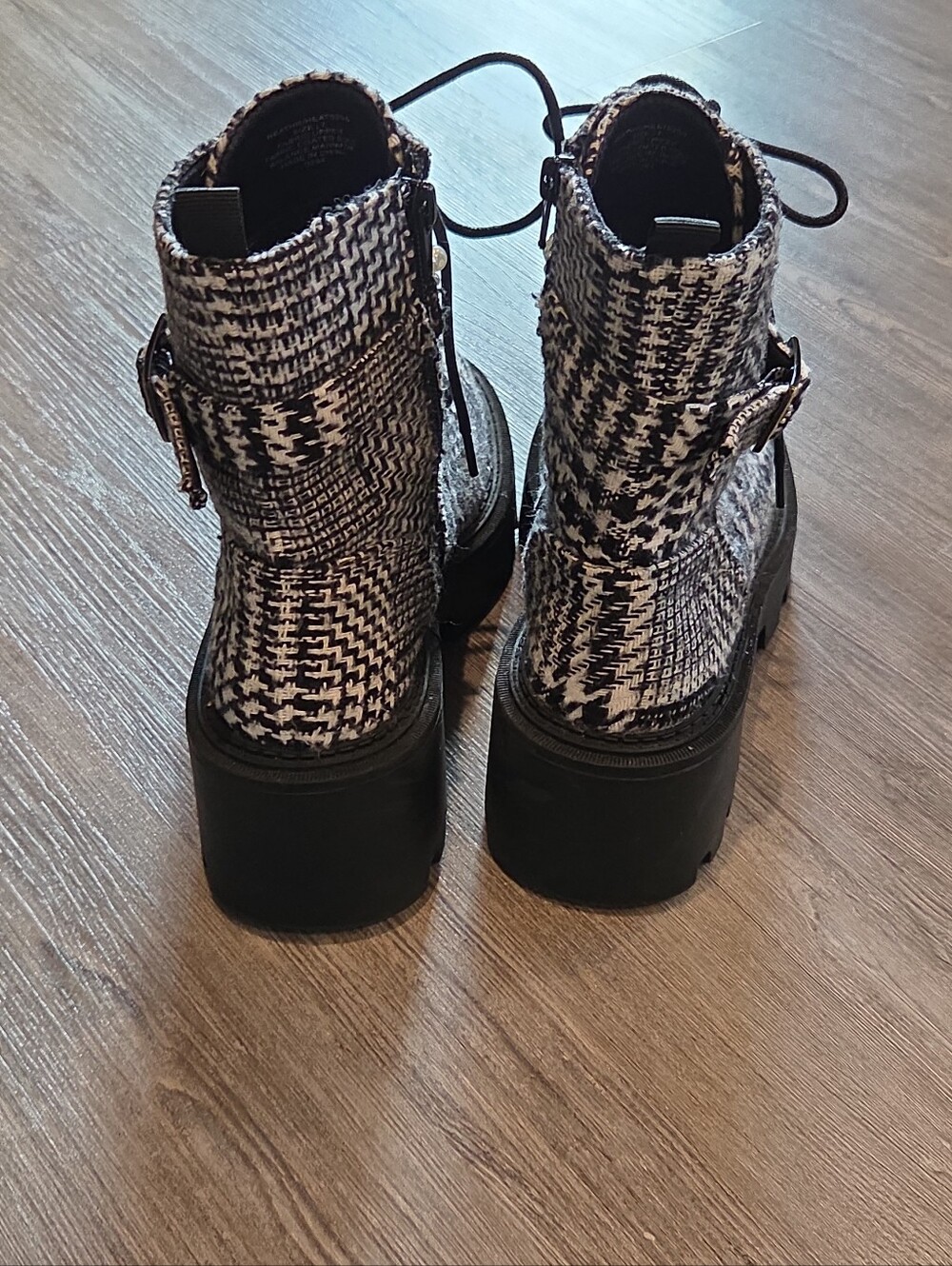 Betsey Johnson Black & White Houndstooth Pearl-Embellished Lace-Up Boot - Picture 7 of 13